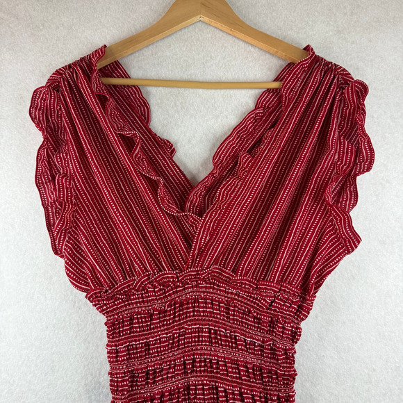 Max Studio Women's Red White Wide Leg Smocked Jumpsuit Sz M Boho Feminine Beachy - Picture 2 of 11